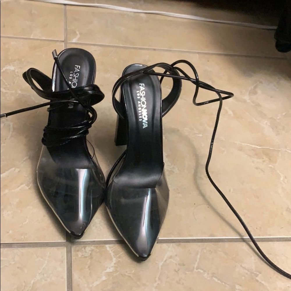 Fashion nova black block heel wrap and tie heels